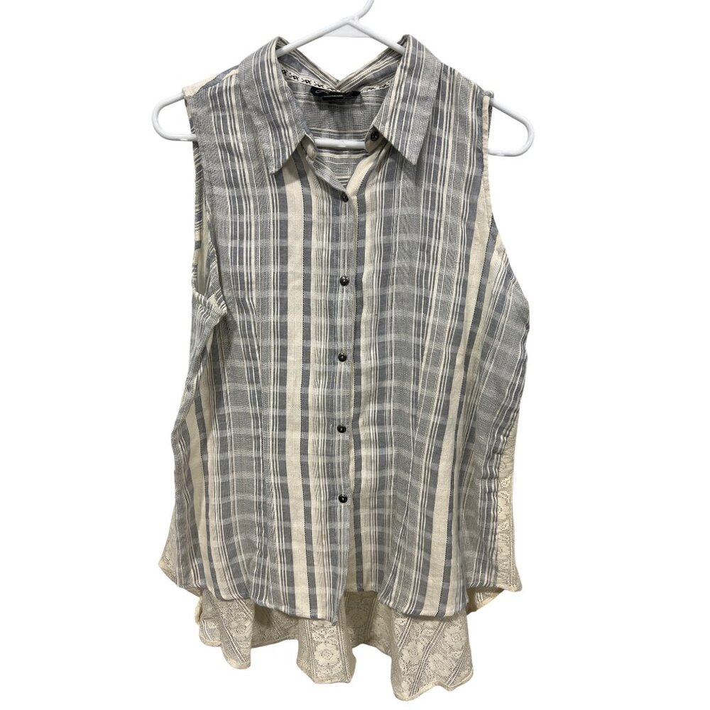 Lola P Sleeveless Plaid Button Front Shirt Womens Large Peplum Lace Retro Preppy